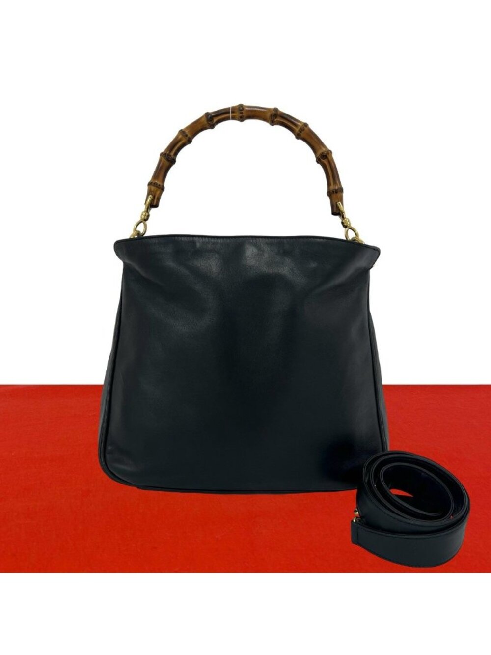 Gucci Vintage Bamboo Leather 2-Way Shoulder Bag Navy
